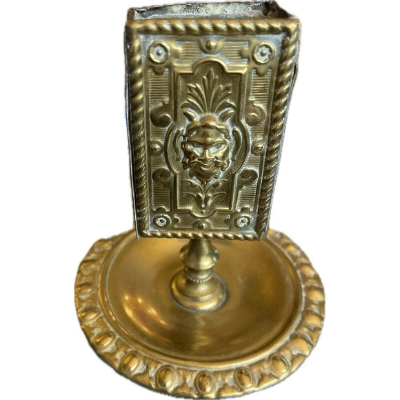 Antique C. 1900s Ornate Lion Gilt Bronze Smoking Ashtray Match Box Holder Patina - Picture 3 of 9